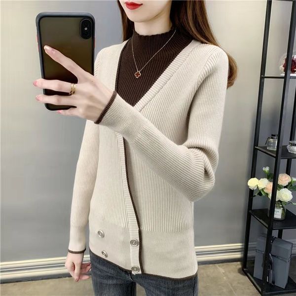 

new winter womens sweater fake cardigans buttons decor fashion contrast color pullovers oversize slim warm knit sweaters female, White;black