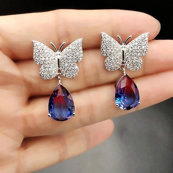 

dangle & chandelier luxury water drop shape earrings cubic zirconia micro pave setting exquisite butterfly for women fashion jewelry, Silver