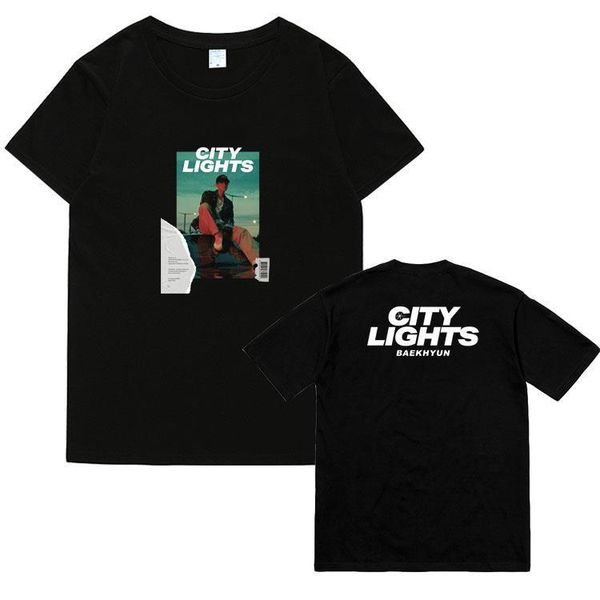 

kpop exo baekyun album city lights same p printing t shirt for summer fashion o neck short sleeve t-shirt, White