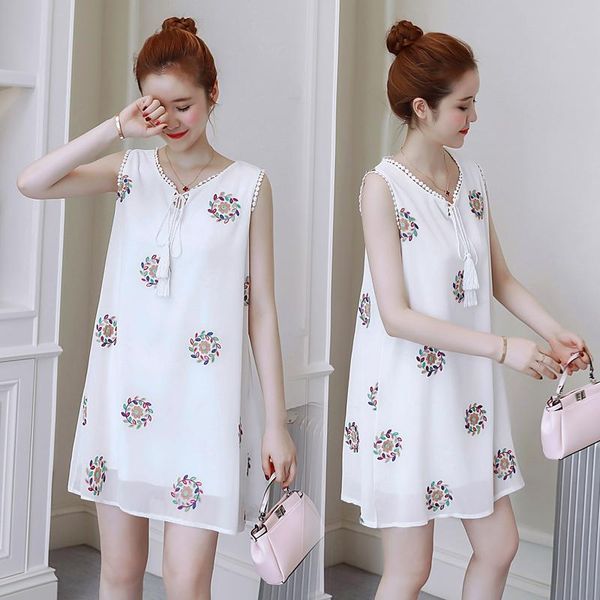 

3320# maternity clothes summer o neck chiffon sleeveless loose stylish dress pregnant women mom dress, White