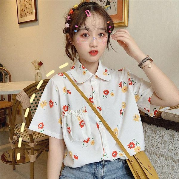 

women's blouses & shirts loose fresh floral shirt korean style 2021 summer chiffon flowers print short sleeve blouse white women