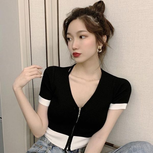 

women's t-shirt women crop zipper knitting female short ladies sleeve contrast color casual tees, White