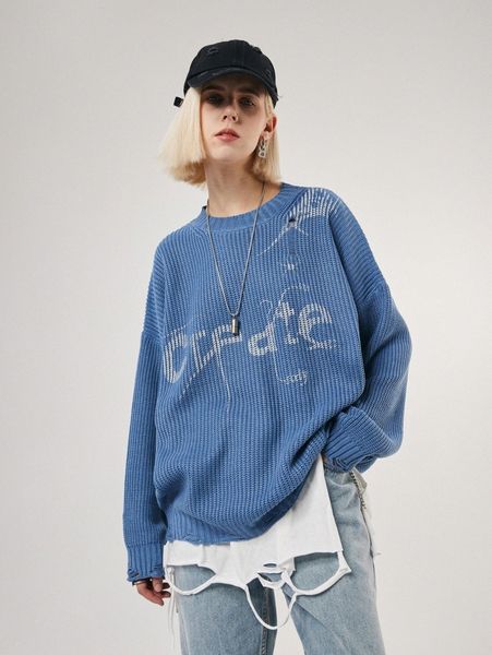 

drop shoulder letter pattern ripped sweater without tee 39lp#, White