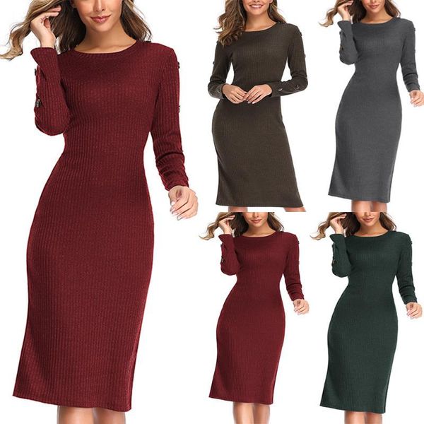 

leosoxs 2021 spring autumn new fashion o neck women's dress casual bodycon solid long sleeve button ladies elasticity knit dress, Black;gray