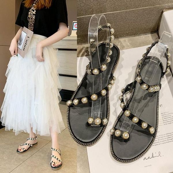 

pearl rivets punk sandals women clip toe beading gladiator sandalias mujer slip on lazy shoes woman beach espadrilles sandales, Black