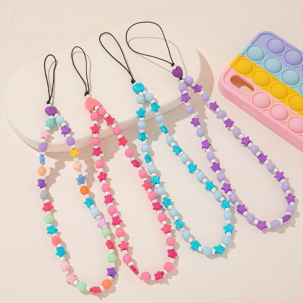 

beaded, strands ins creative acrylic phantom five-star rice beads chain ladies fashion short anti-lost mobile phone lanyard suitable for par, Black
