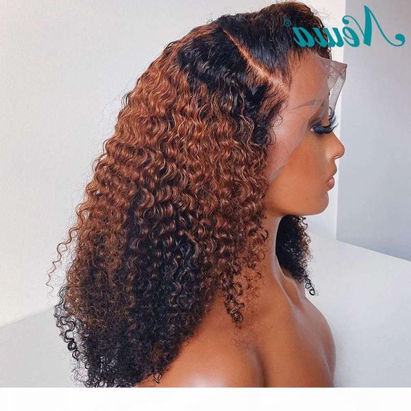 

newa 13x6 curly human hair pre plucked ombre front short bob wigs brazilian remy lace frontal wig, Black;brown