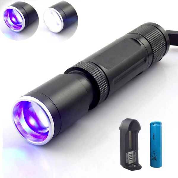 

zoomable 2 led purple white uv light ultra violet ultraviolet flash light blacklight torch lamp money detection