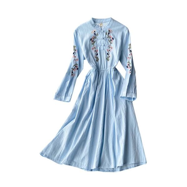 

casual dresses women's cheongsam improved dress elegant embroidered stand collar bow lace up waist slimming long spring summer, Black;gray