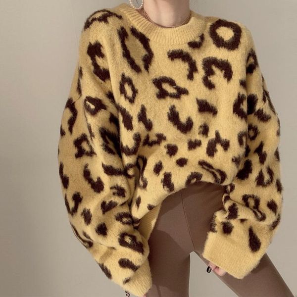 

women's sweaters autumn winter leopard printed pullovers o-neck casual loose oversized lazzy oaf ladies knitting, White;black
