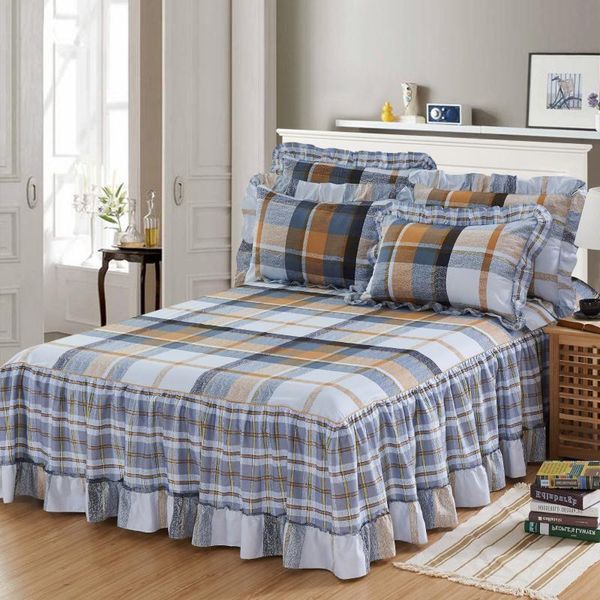 

home textile 100% cotton bed skirt set elastic rubber sheet set 200*220 grid bedspread reactive printing linens new