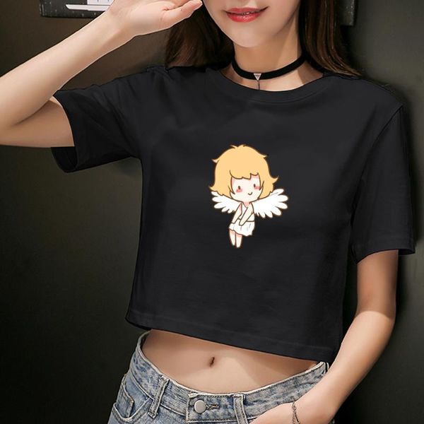 

women's t-shirt fashion women kawaii angel print short sleeve female t shirt casual basic womens streetwear crop tees, White
