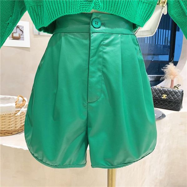 

women's shorts clothing 2021 autumn versatile slim high waist solid color pu leather wide leg casual pants, White;black