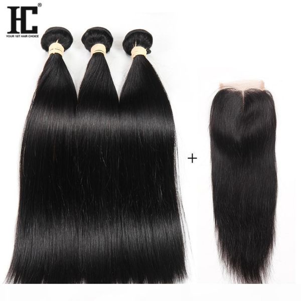 

brazilian straight hair weave natural color virgin hair extention three part 100% human hair 3 bundles with closure, Black