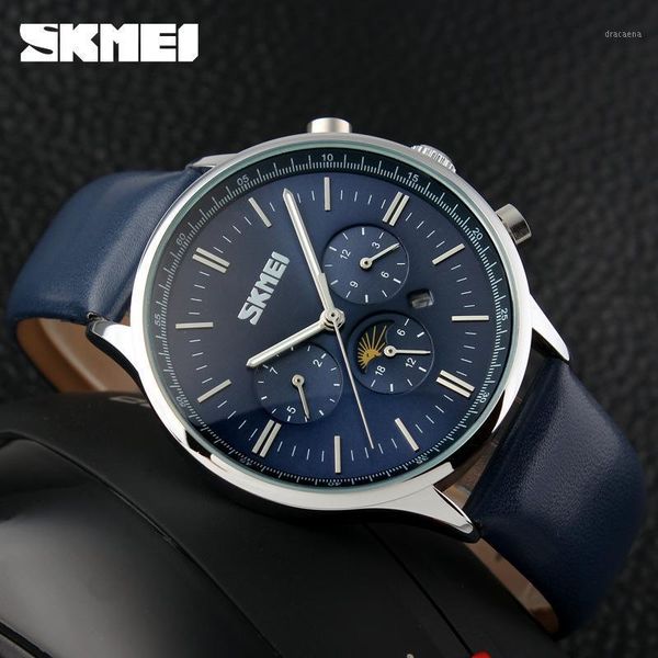 

watch student men's business casual quartz waterproof three eyes six needle leather mesh strap fashion wristwatches, Slivery;brown