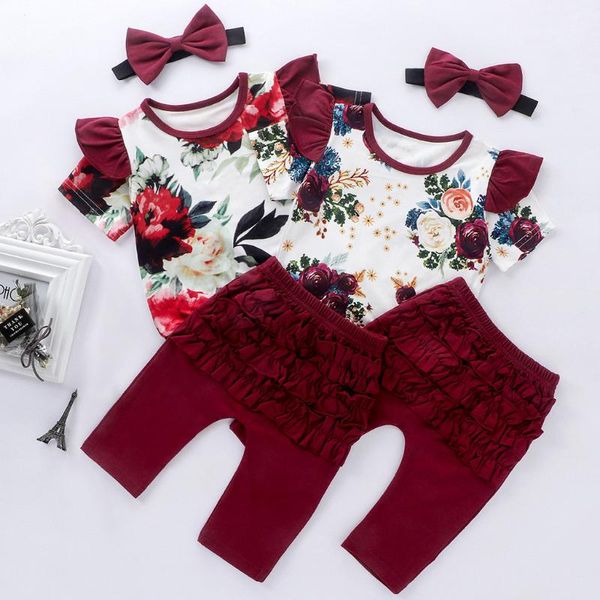

clothing sets 3pcs infant kids baby girls 's flower print shirt pants hairband outfits long short children clothes dresses for girl, White