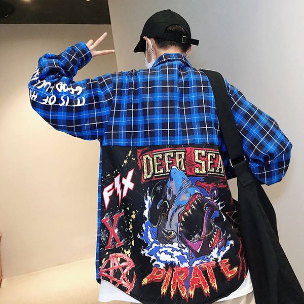 

2021 new tubaro de manga longa dos homens legal harajuku camisas masculinas casuais xadrez streetwear moda coreano camisa 5b5b, White