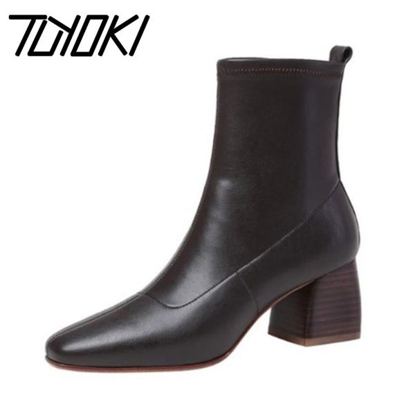 

boots tuyoki women ankle thick high heel winter shoes woman warm short boot casual daily office lady footwear size 34-39, Black