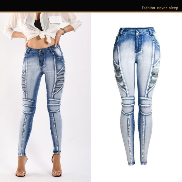 

women's jeans locomotive stretch wash white light color thinner denim pencil pants, Blue