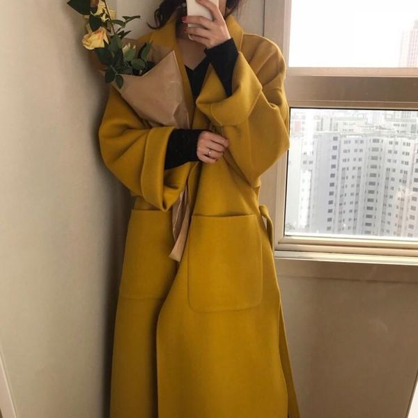 

women's wool & blends women yellow elegant winter overcoat long bandage woolen coat plus size outwear with pocket turn down collar rh66, Black