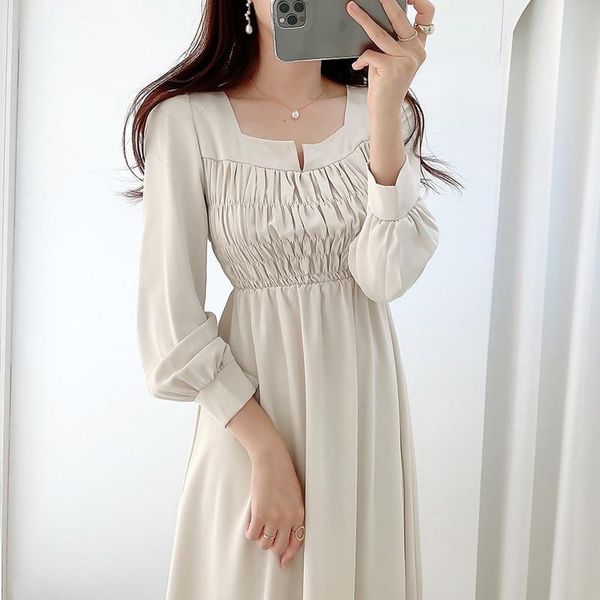 

casual dresses chic autumn folds women elegant simple square neck puff sleeve office ladies party robe femme fashion korean long robes, Black;gray