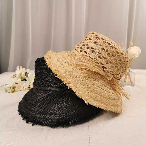 

wide brim hats fashionable women summer sun hat natural raffia hollow out style lady handmade beach straw fedora bucket, Blue;gray