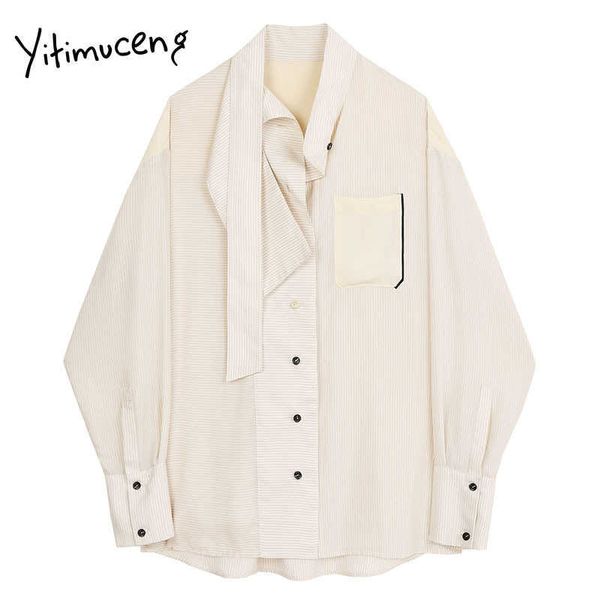 

yitimuceng striped lace up blouse women button shirts loose spring fashion long sleeve turn-down collar casual 210601, White