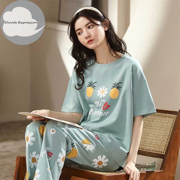 

summer brand short sleeved knited cotton women's pajama set cute striped cartoon long pants pajama sets sleepwear pyjamas -2xl 211007, Black;red