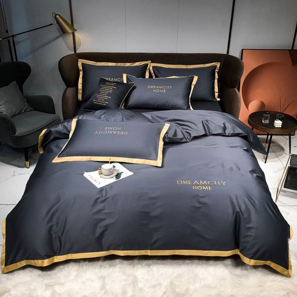 Svetanya Nordic Dark Cinza Cinza Sólido Bordado Hotel Linens Fitted Folha Rainha Ru Europe Bedding Set Duvet Cover Set C0223