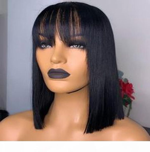 

brazilian hair lace front wig with pu silk base baby hair 5*5 silk human wigs short bob with bangs u part wig, Black;brown