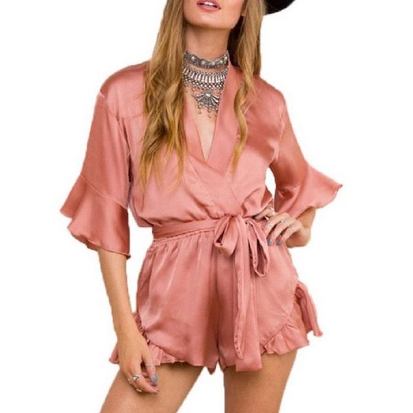 

women's jumpsuits & rompers summer satin playsuits with sashes women elegant ruffles romper sleepwear deep v neck short sleeve jumpsuit, Black;white