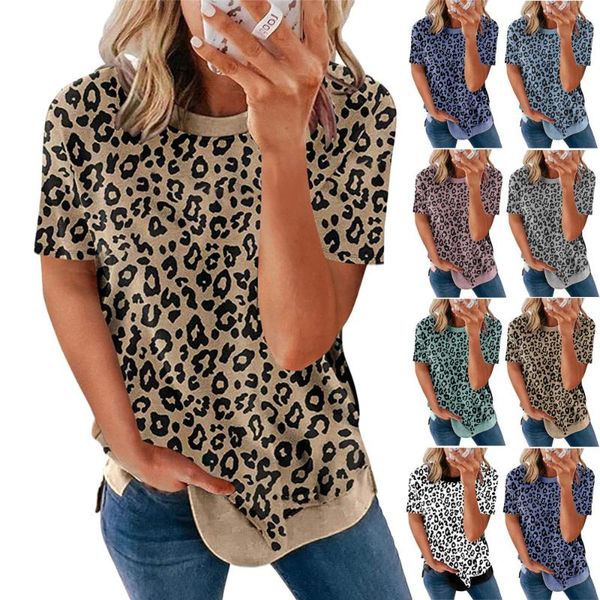 

women's t-shirt 2021 summer round neck leopard print short-sleeved top, White