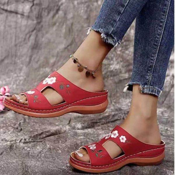 

slippers summer fashion embroidered women peep toe stitching shoes woman mid wedge platform casual flip flops sandals lady, Black