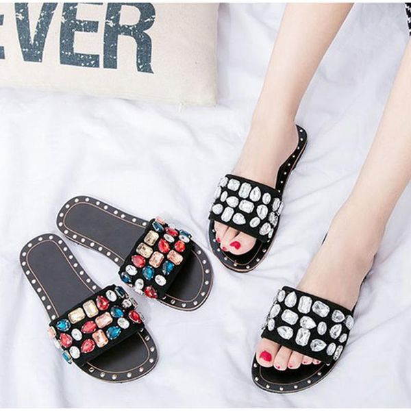 

women casual summer flat beach slippers female crystal rivets slides slipper shoes for girls fashion woman leisure footwear 2021, Black