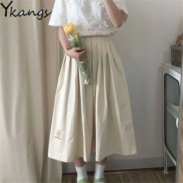 

casual loose pleated cargo skirt women summer college style wild skirts korean style flower embroidery simple saia students 210619, Black