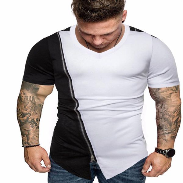 

man pu designer v-neck tshirts zipper patchwork mens street irregular fashion casual men high summer xkogb, Black