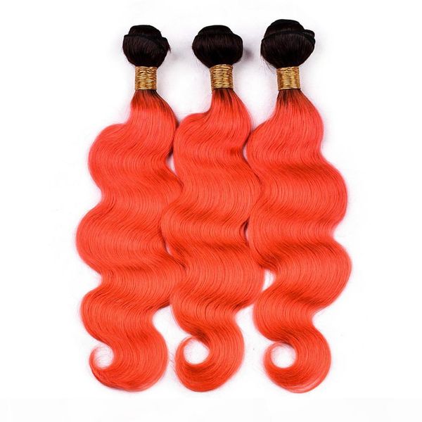 

body wave #1b orange ombre malaysian human hair bundles 3pcs dark roots orange ombre body wavy human hair weave wefts 10-30" mixed leng, Black;brown