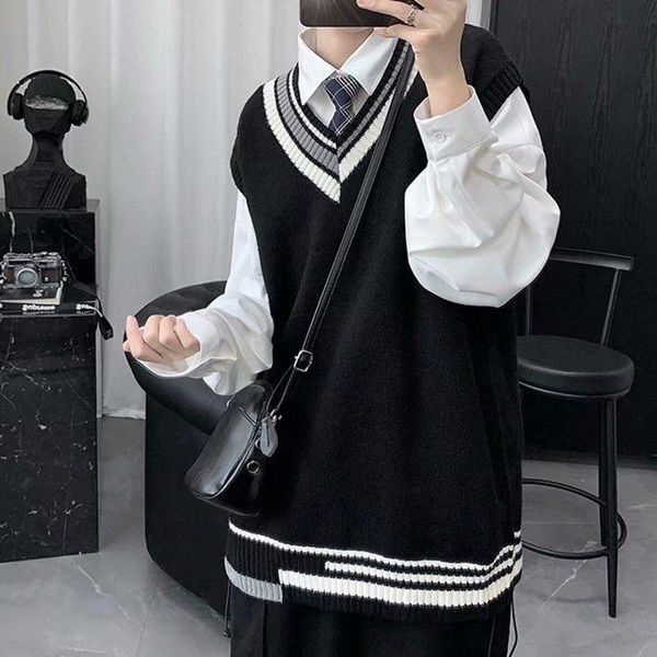 

men's vests autumn korean version of the v-neck sweater student uniform suit class service college style loose vest men winter, Black;white