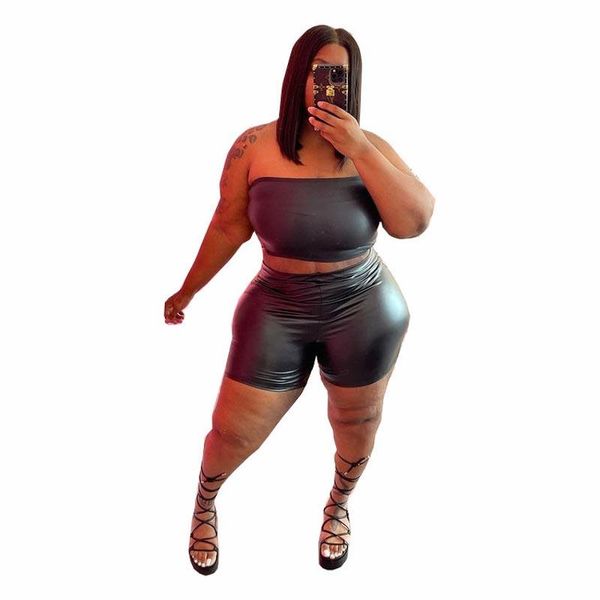 

plus size tracksuits women wet look stretchy bandeau and short pants strapless crop brief set fetish wear, Black
