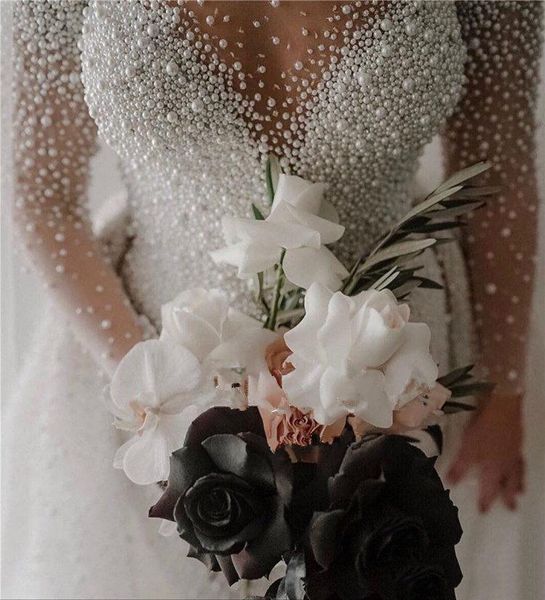 

luxury 2021 new full pearl beads mermaid african wedding es with detachable train long sleeves saudi arabic bridal gown hil2, White