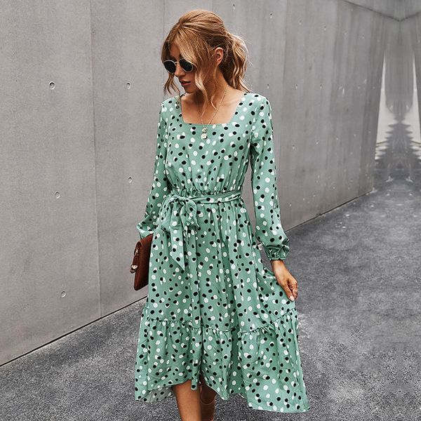

2021 new autumn winter elegant square collar dot print women full sleeve slim bandage midi female office lady 2yee, Black;gray