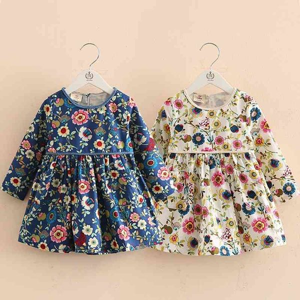 Autunno Primavera 2-10 anni Dolce e carino manica lunga O-Collo Stampa piena di fiori Principessa Scuola Baby Kids Girl Dress con Tether 210529