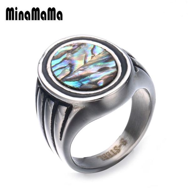 

cluster rings mens big stainless steel ring for men women punk ancient silver color oval colorful shell signet male jewelry, Golden;silver