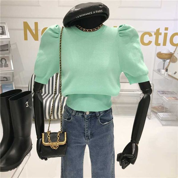 

bubble sleeve knit shirt women's winter 2021 temperament slim fitting round neck pinkycolor top, White;black