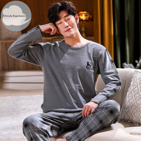 

autumn winter knitted cotton cartoon mens pyjamas striped pajamas set casual male sleepwear pyjama night pijamas 3xl homewear, Black;brown