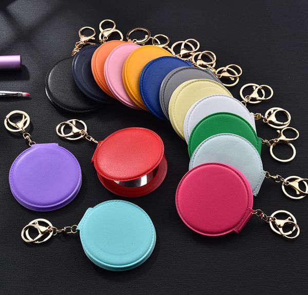 

fashion makeup pu small round mirror keychain double-sided folding pendant handbag key chain bag ring for girl and women gift jewelry access, Silver