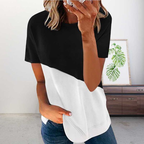 

women's t-shirt short sleeve tshirts casual color block round neck spring hit printing short-sleeved shirt, White