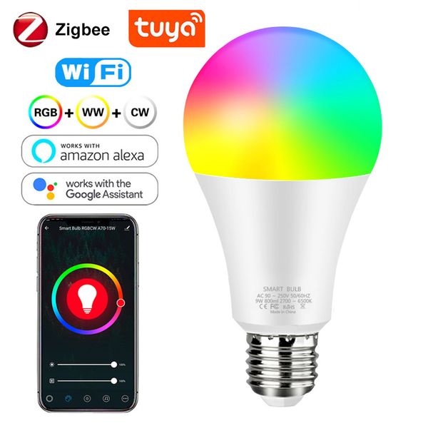 

zigbee smart light bulb tuya wifi bulb rgb 9w 12w 15w color changing led light e27 110v 220v app compatible alexa google home