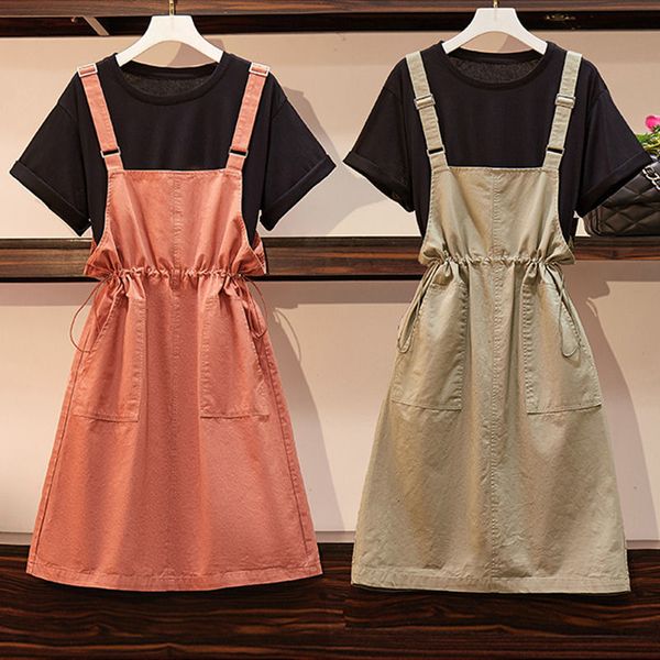 

women 2021 summer new fashion two piece female short sleeve t-shirt and suspender sets ladies casual outfits a863igoq, Black;gray
