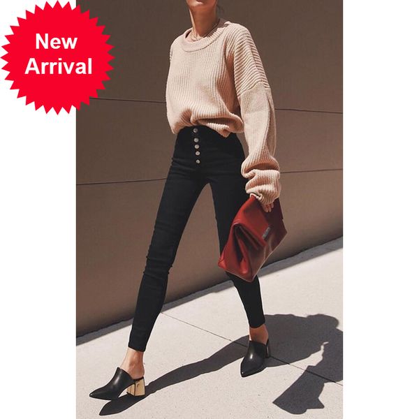 

8.17 high waist single breasted elastic skinny ankle-length jeans women 2021 new fashion casual black slim pencil pants, Blue